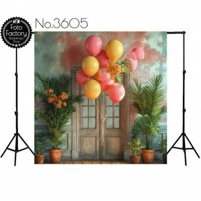 Backdrop rustic door flowers balloons 3605