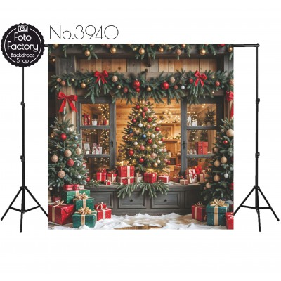 Backdrop Christmas wooden interior Christmas trees gifts 3940