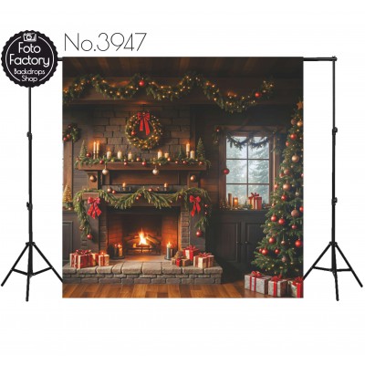 Backdrop Christmas fireplace Christmas tree gifts lights 3947