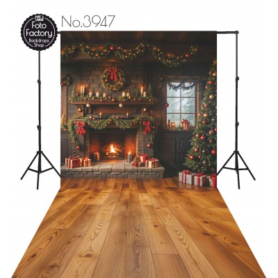 Backdrop Christmas fireplace Christmas tree gifts lights 3947