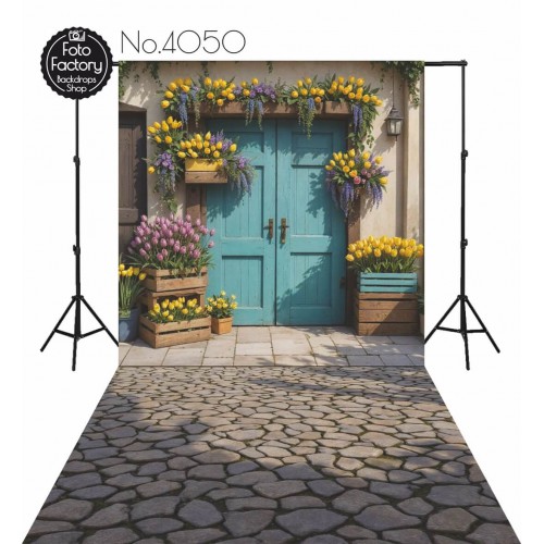 Backdrop spring theme flowers blue door 4050