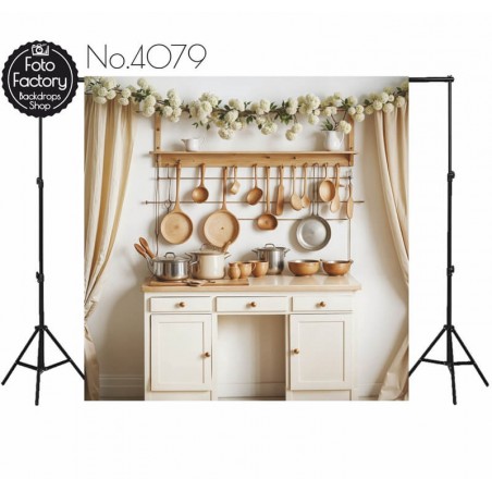 Tło Fotograficzne biała komoda przybory kuchenne 4079